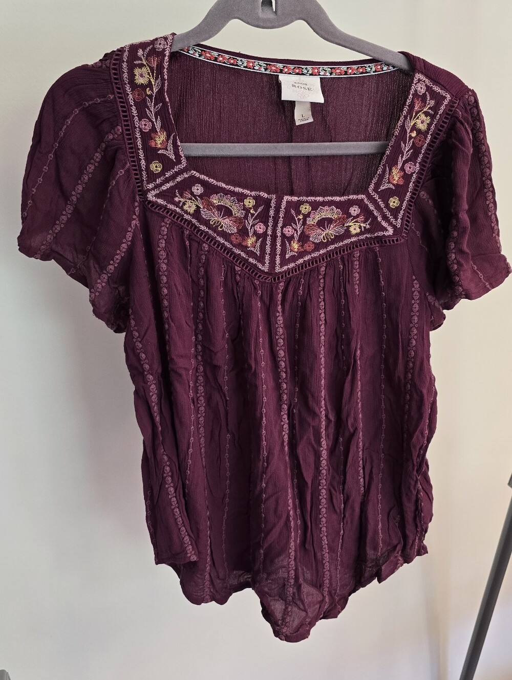 Knox Rose Purple Embroidered Short Sleeve Peasant Bohemian Blouse Size L
